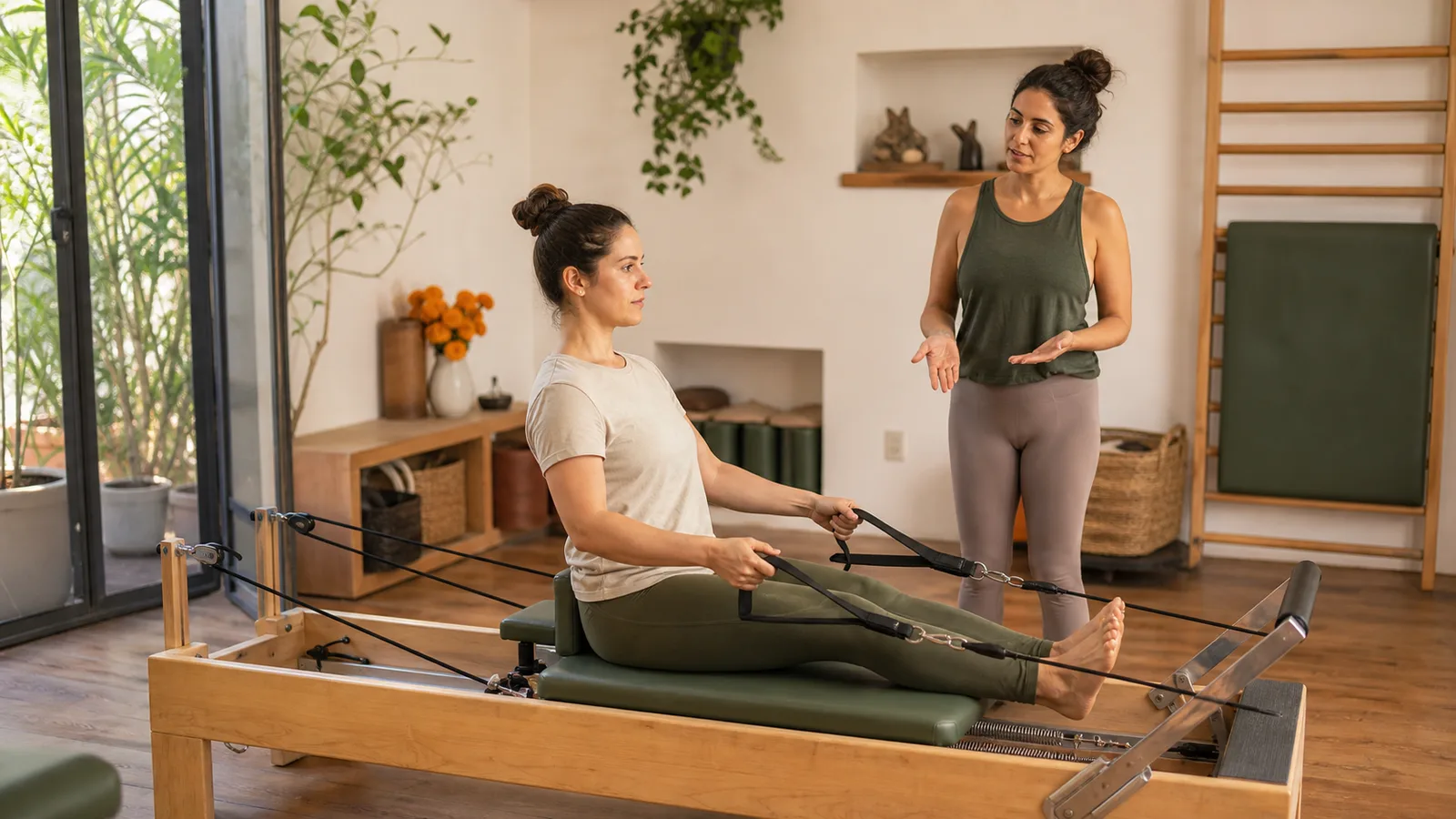 Alumna en una clase inicial de Pilates reformer mientras una instructora le explica el ejercicio