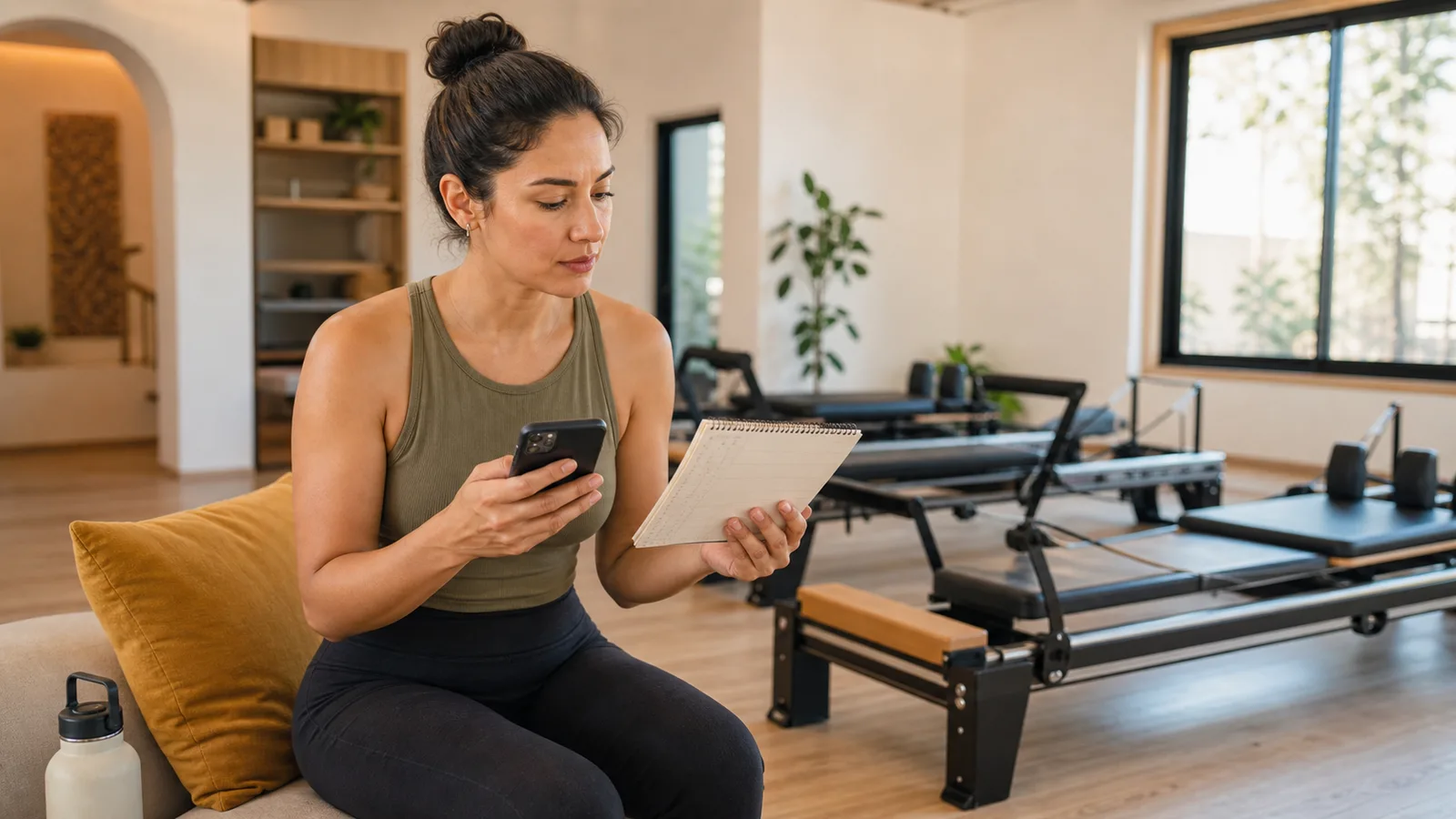 Persona comparando paquetes de clases en un estudio de Pilates con equipos reformer