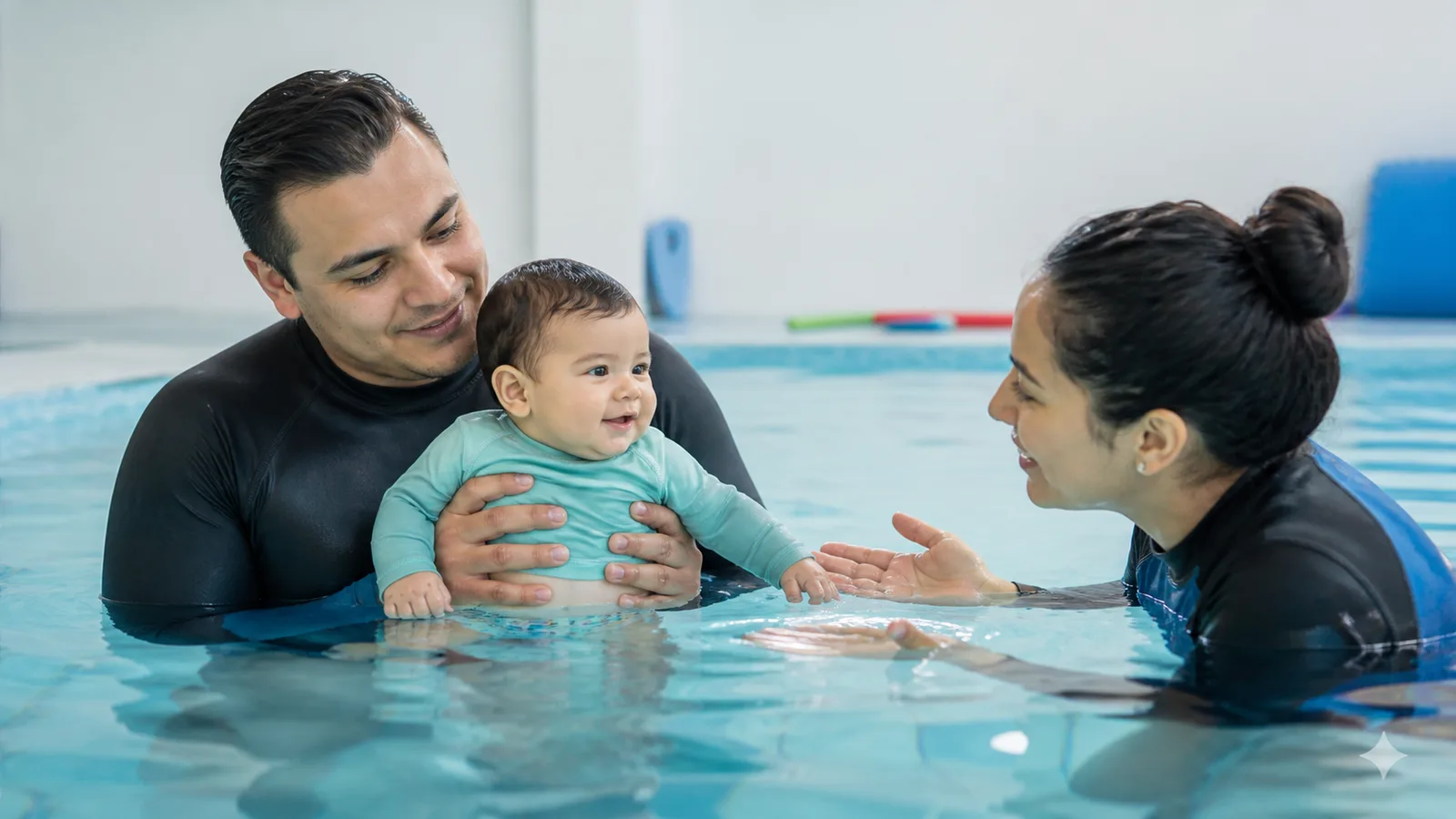 Madre sostiene a su bebé en una alberca mientras una instructora orienta una clase de familiarización acuática