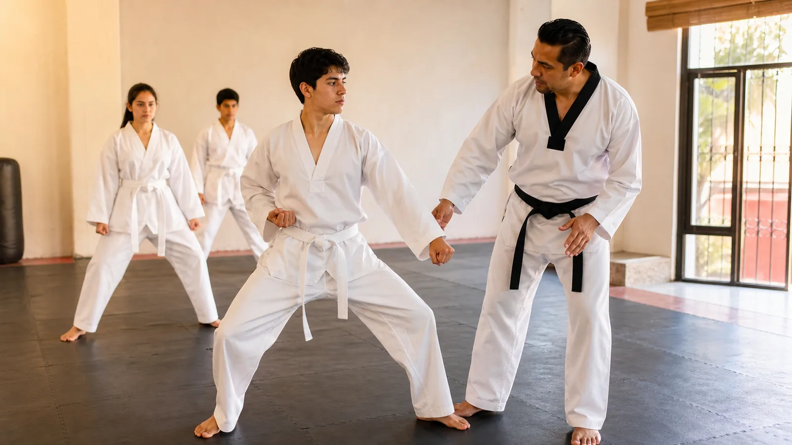 Alumno principiante practica una postura básica de Taekwondo con orientación de su instructor